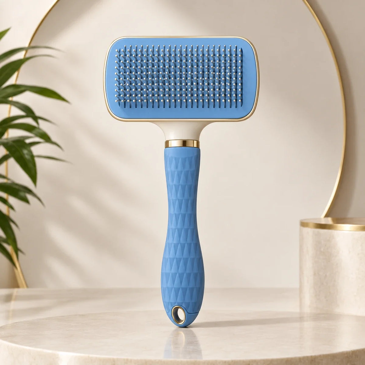 Cepillo autolimpiante azul, foto de estudio con detalles dorados